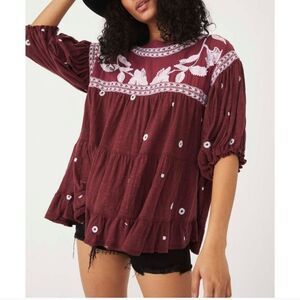 FREE PEOPLE Edie Embroidered Floral Beaded Boho Top Babydoll Sweet Raisin Combo